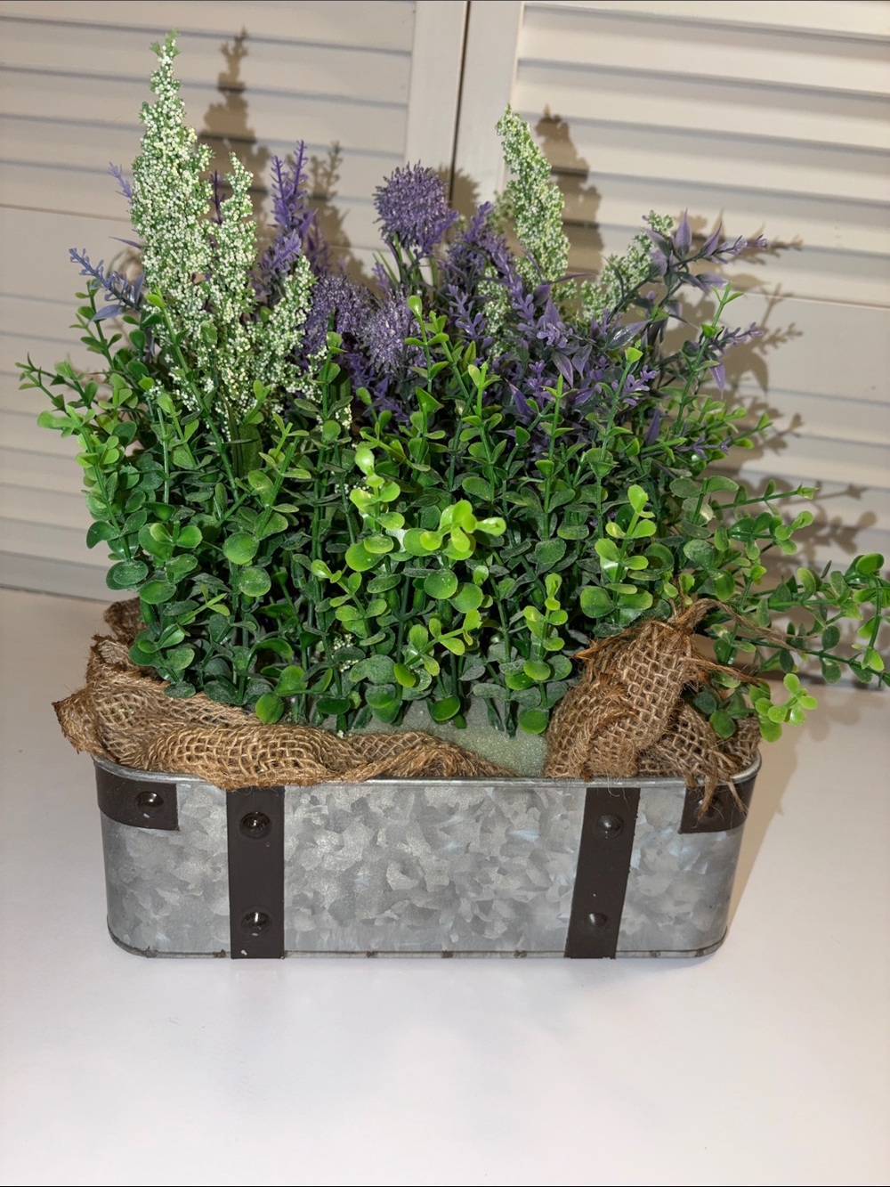 Unique Rustic Artificial Lavender and Greens Galvanized Planter Meal Box
